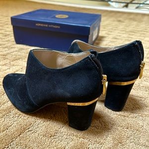 Adrienne Vittadini Black Suede Gold detail zipper ankle boots